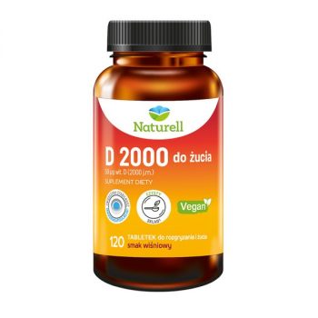 Naturell D 2000 do żucia, tabletki do rozgryzania i żucia, smak wiśniowy, 120 szt.